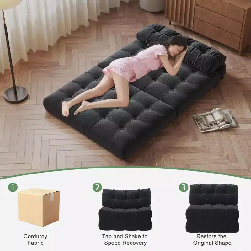 Divano letto futon pieghevole in velluto a coste, poltrona letto trasformabile da pavimento con cuscino e supporto per la schiena