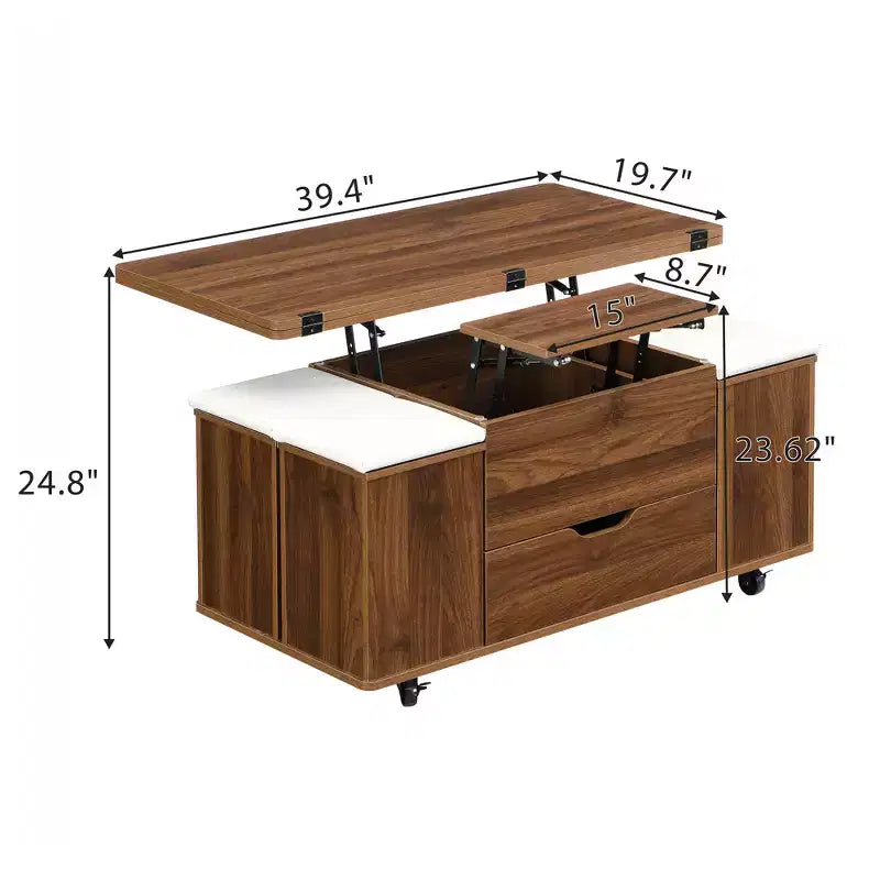 Mesa de centro moderna multifunções com tampo elevável, arrumação oculta, 4 bancos e rodízios, perfeita para espaços de estar modernos