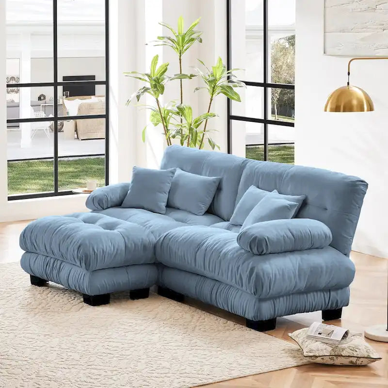 Sofá de dois lugares em forma de L, sofá modular em chenille com almofadas lombares