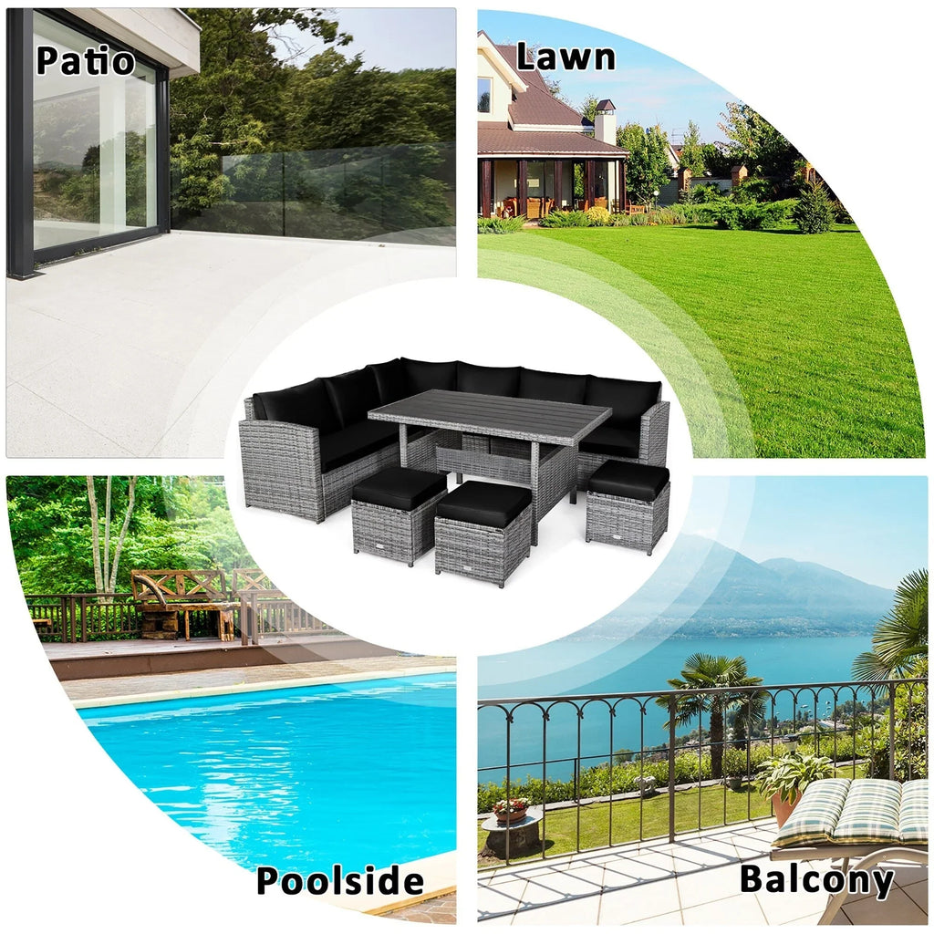 Costway 7-teiliges Dining-Set aus Polyrattan für die Terrasse mit Ecksofa, Couch und Hocker – Details anzeigen