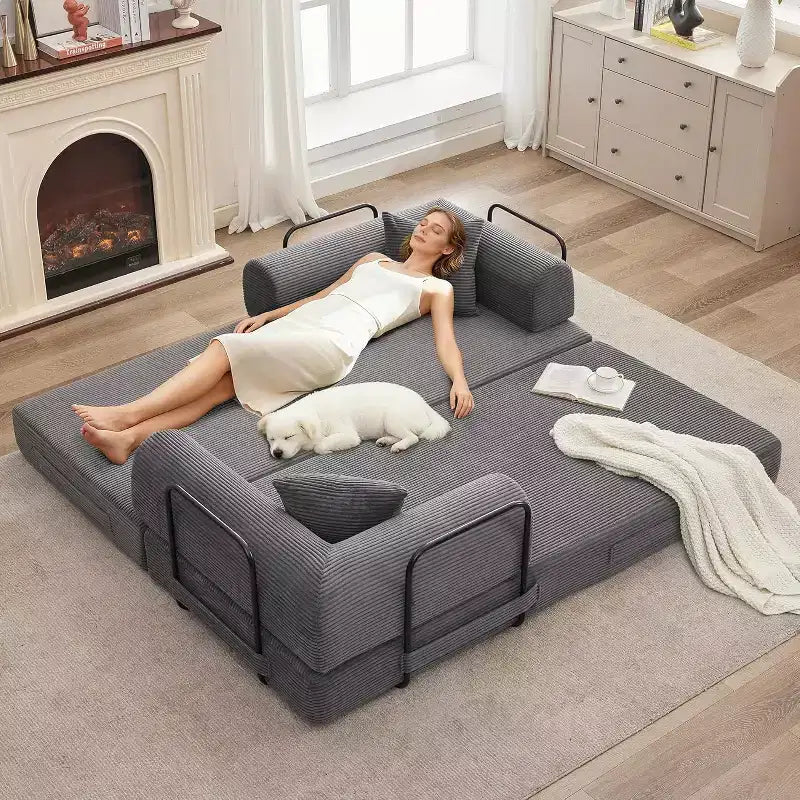 2-in-1 slaapbank, comfortabele opklapbare corduroy-slaapbank met diepe zitting en brede armleuningen, bank zonder frame voor woonkamer en appartementen