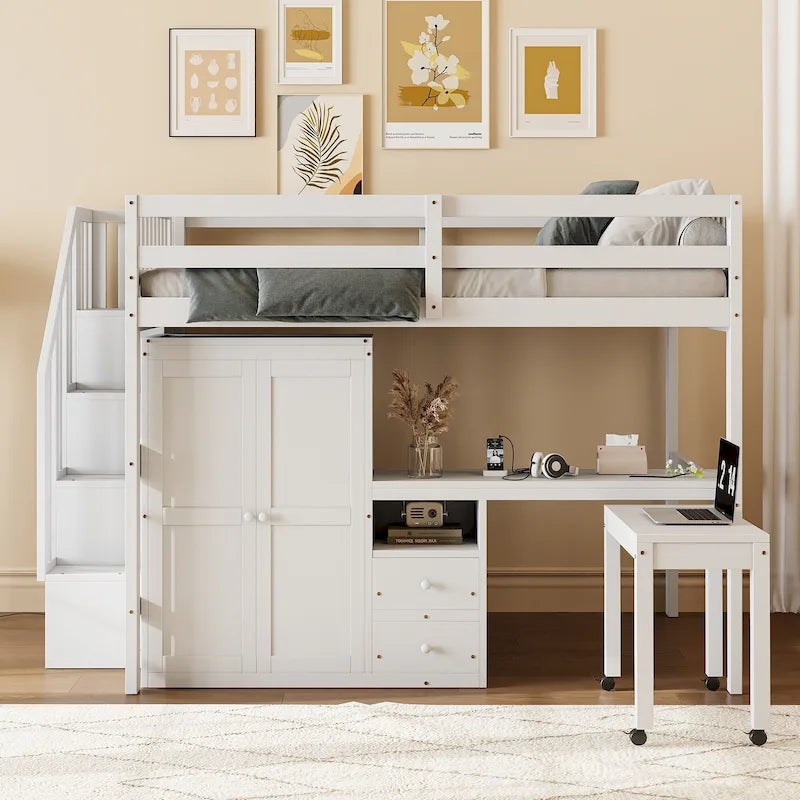 Hochbett in Full-Size mit Treppe, Bücherregal, Schreibtisch und Kleiderschrank – platzsparendes Multifunktionsmöbel für Kinder und Jugendliche – Weiß