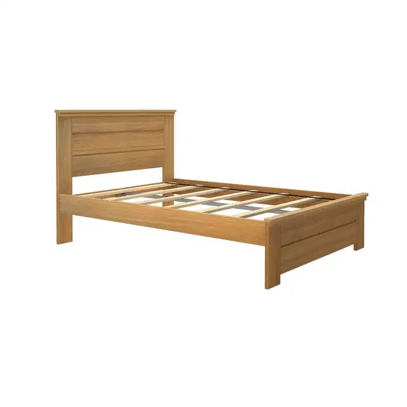 Estrutura de cama de tamanho casal Plank+Beam estilo quinta, com cabeceira, cama de plataforma em madeira maciça