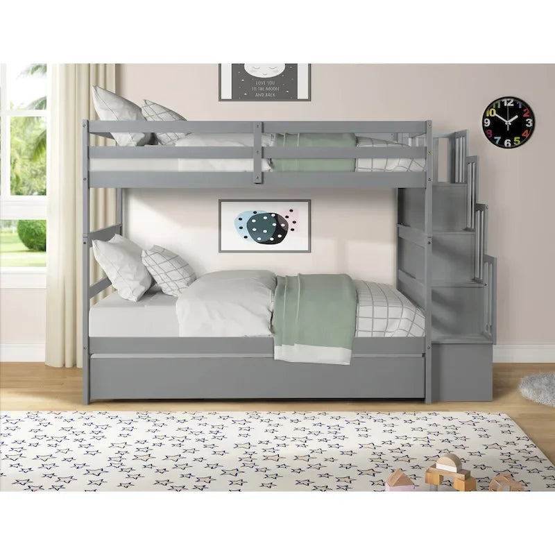 Lits superposés doubles avec lit gigogne double et rangement intégré à l’escalier, gris