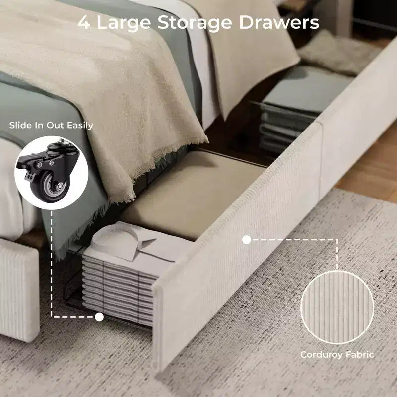 Cadre de lit en velours côtelé CuisinSmart avec tête de lit, cadre de lit plateforme rembourré avec 4 tiroirs de rangement et sommier à lattes en bois