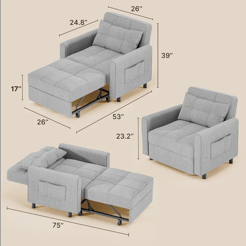 Rozkładany fotel do spania 3 w 1, rozkładana, regulowana i składana tapicerowana sofa wypoczynkowa