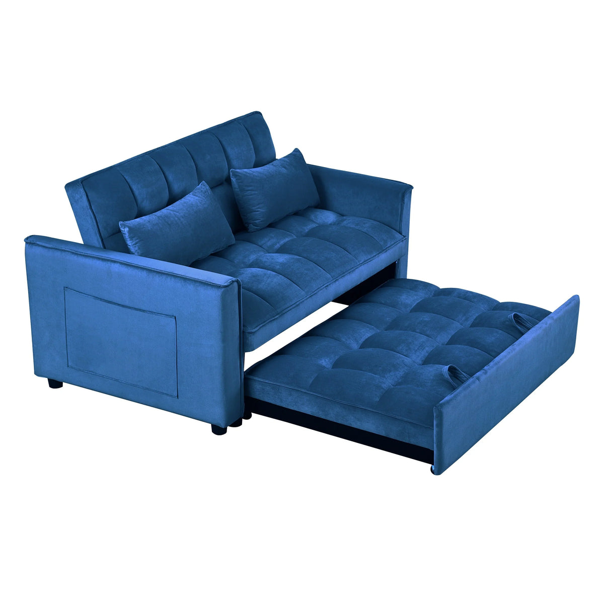 Nowoczesna rozkładana sofa z funkcją spania 3 w 1, regulowanym oparciem, aksamitnym dwuosobowym siedziskiem, poduszkami i kieszeniami bocznymi