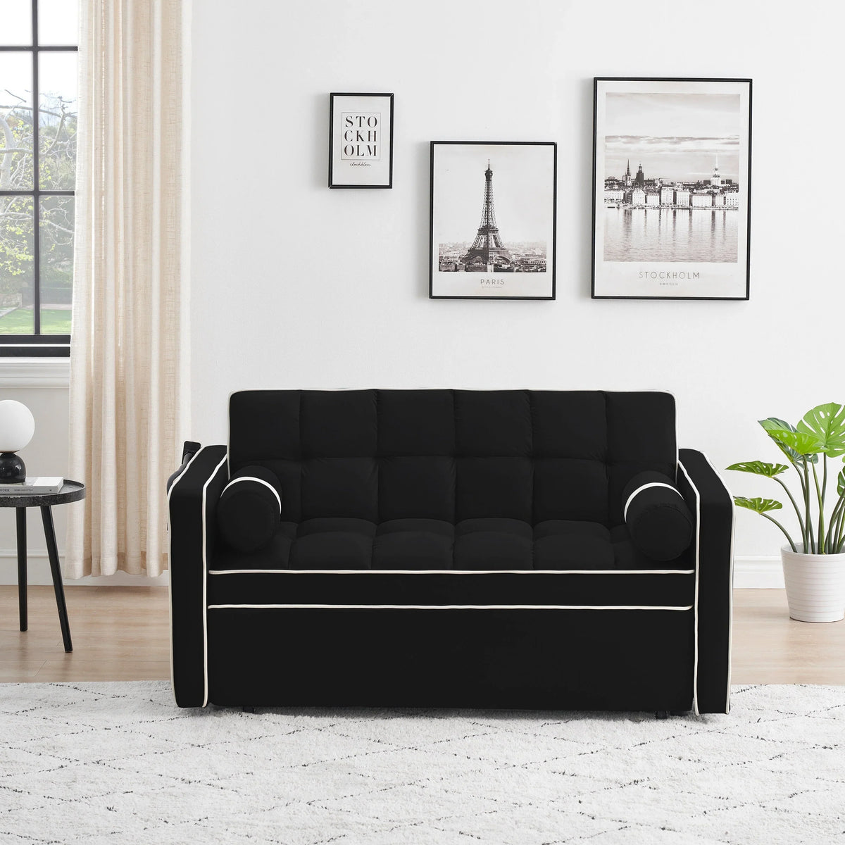Sofá-Cama Convertível de Veludo para 2 Pessoas, com 55', Cama Extensível, Encosto Reclinável Ajustável, Bolsos Laterais e Suporte para Telemóvel