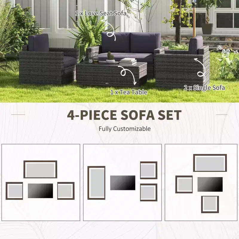 Ensemble de canapé en rotin de 4 pièces, salon de jardin en résine tressée avec causeuse, fauteuils et table basse avec plateau en verre pour l’extérieur
