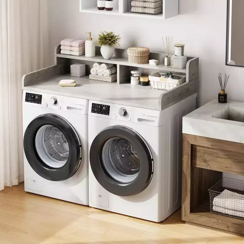 Dessus de lave-linge et sèche-linge en bois, plan de travail de buanderie de 54 po avec étagère de rangement à 2 niveaux, surface de travail antidérapante avec rebords pour l'organisation de la buanderie