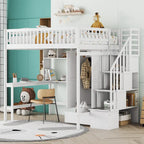 Lit mezzanine double en pin avec bureau et rangement
