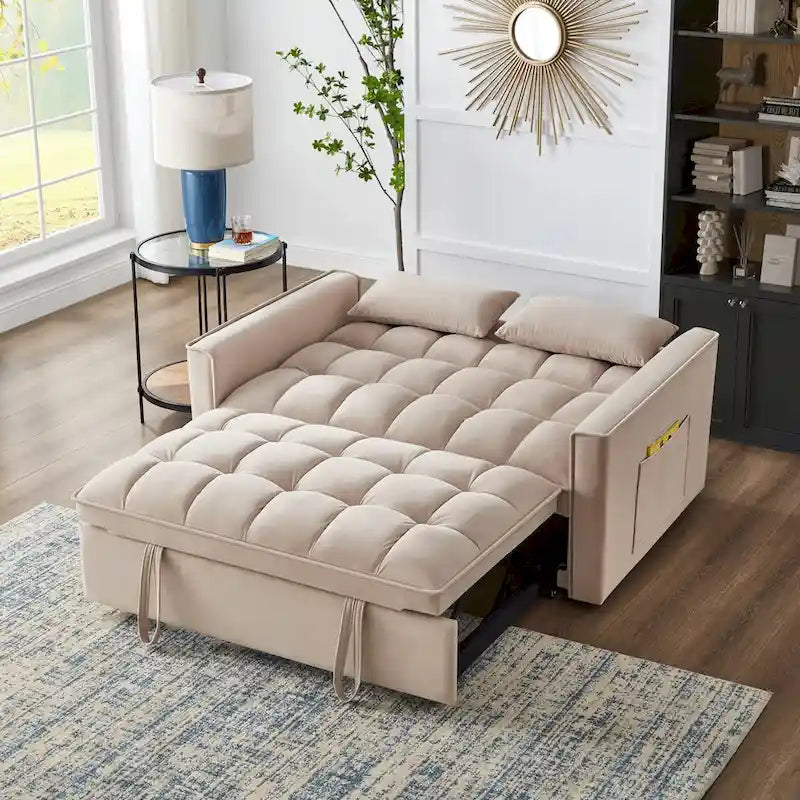 Sofá-cama de 2 lugares 4 em 1 com braços e bolsos de arrumação, sofá-cama extraível multifunções com encosto ajustável