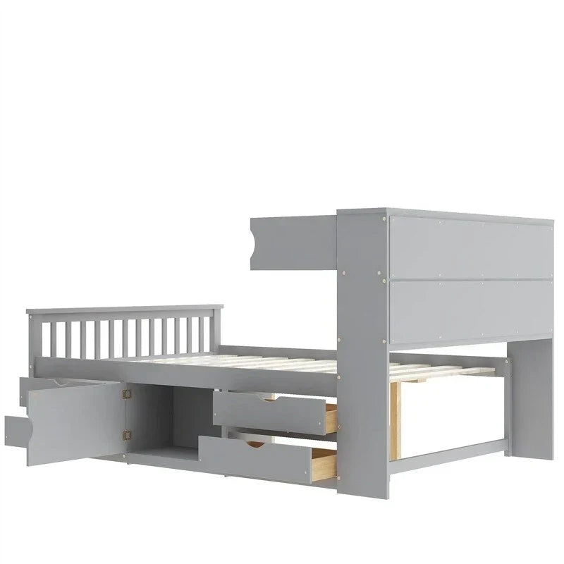 Letto a piattaforma Captain matrimoniale o singolo con 4 cassetti e ripiani contenitori, struttura in legno massello con testiera libreria contenitore