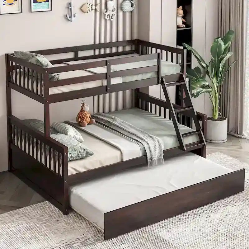 Letto a castello Gymax con letto singolo sopra un letto matrimoniale, estraibile singolo e piattaforma convertibile