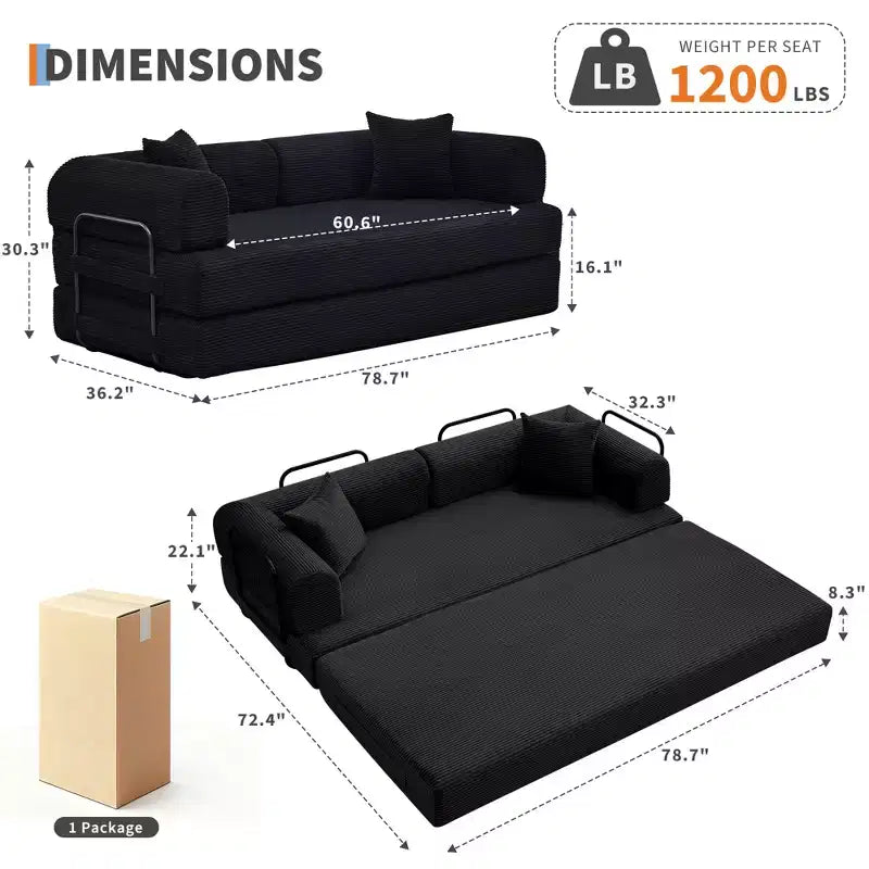 4-in-1-Schlafsofa, 79 Zoll rahmenlose Faltbodenmatratze aus Cord mit Kissen, ohne Montage, Loveseat für kleine Wohnungen