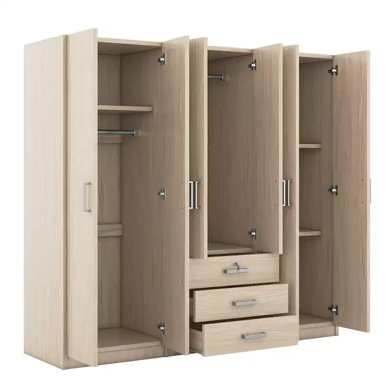Roupeiro de madeira com 6 portas e gavetas para quarto