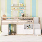 Letto rialzato basso singolo in legno massello da 94,6 L x 42,3 L, con scala, cassetto e ripiano, design moderno e pulito
