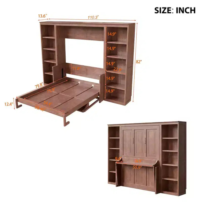 Lit escamotable mural pleine taille/queen gain de place avec bureau et bibliothèque, brun foncé – ModernLuxe