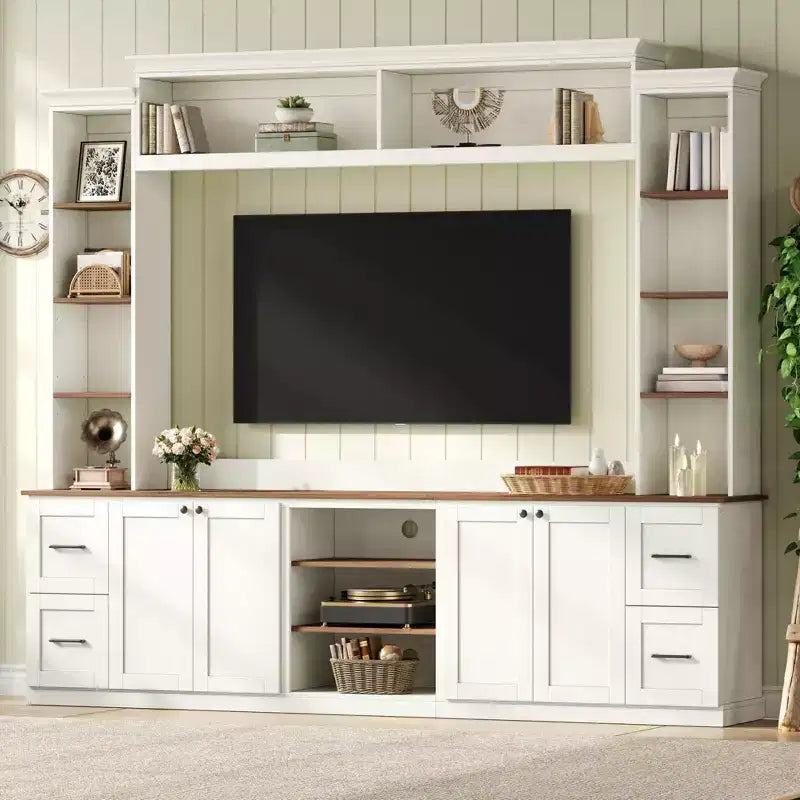 Ensemble mural de centre multimédia de style ferme 4-en-1 ModernLuxe, compatible avec les téléviseurs jusqu'à 70 pouces, meuble TV avec étagères réglables et tiroirs