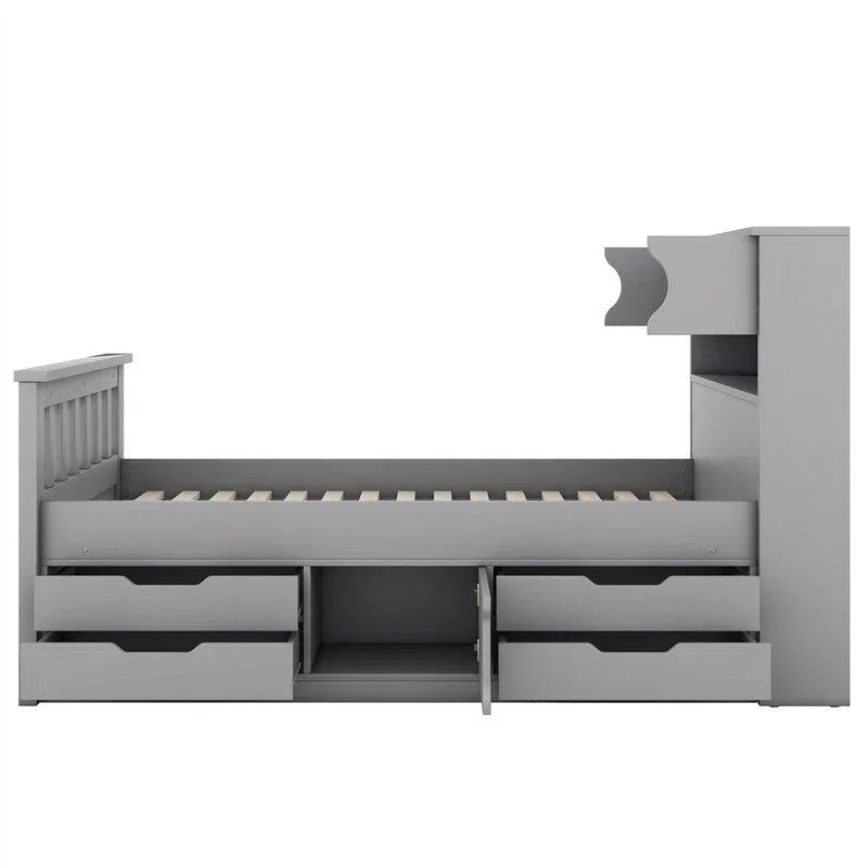 Letto a piattaforma Captain matrimoniale o singolo con 4 cassetti e ripiani contenitori, struttura in legno massello con testiera libreria contenitore
