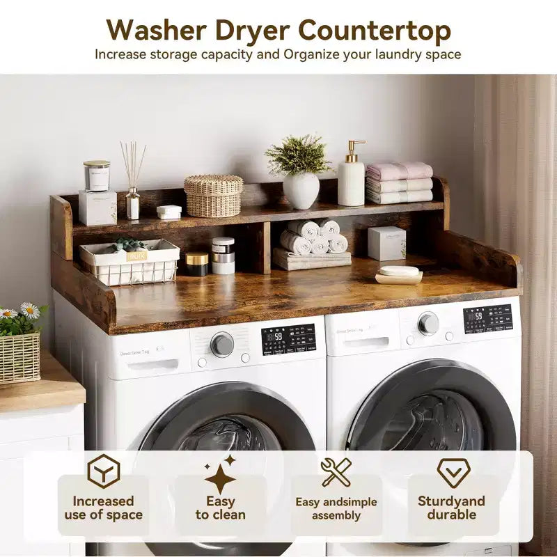 Dessus de lave-linge et sèche-linge en bois, plan de travail de buanderie de 54 po avec étagère de rangement à 2 niveaux, surface de travail antidérapante avec rebords pour l'organisation de la buanderie