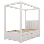 Cama de plataforma com dossel estofada em linho, tamanho de casal, com cama auxiliar e três gavetas de arrumação