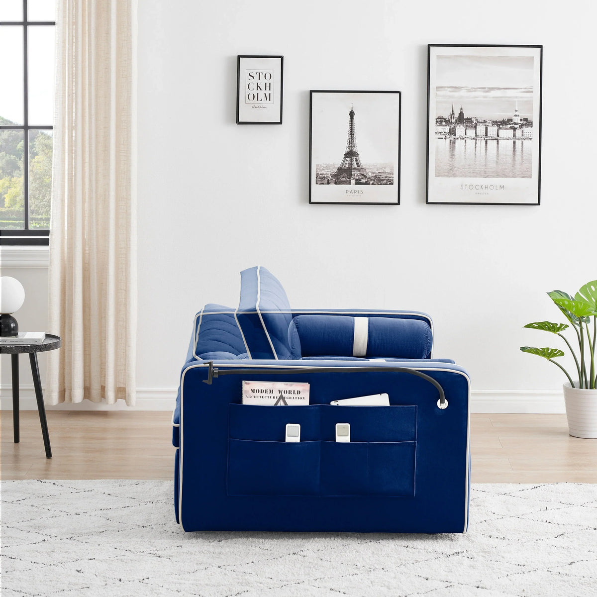 Sofá-Cama Convertível de Veludo para 2 Pessoas, com 55', Cama Extensível, Encosto Reclinável Ajustável, Bolsos Laterais e Suporte para Telemóvel