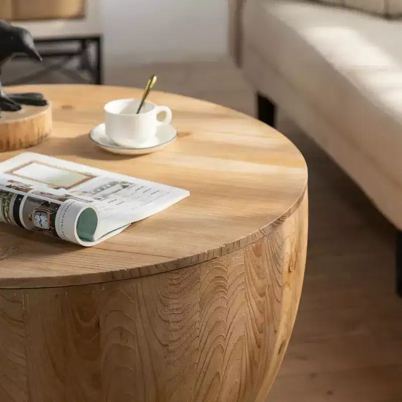 Runder Retro-Couchtisch mit Stauraum aus Holz, geeignet für Wohnzimmer, Esszimmer oder Büro.