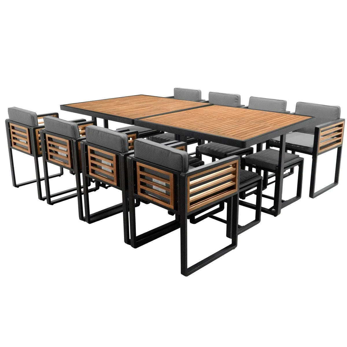Set da pranzo da esterno in legno di acacia da 18 pezzi, 8 sedie imbottite, 8 pouf e 2 tavoli quadrati