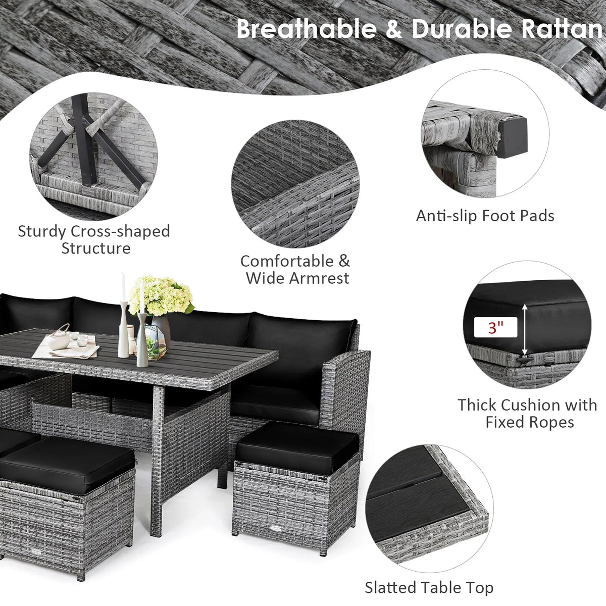 Costway 7-teiliges Dining-Set aus Polyrattan für die Terrasse mit Ecksofa, Couch und Hocker – Details anzeigen