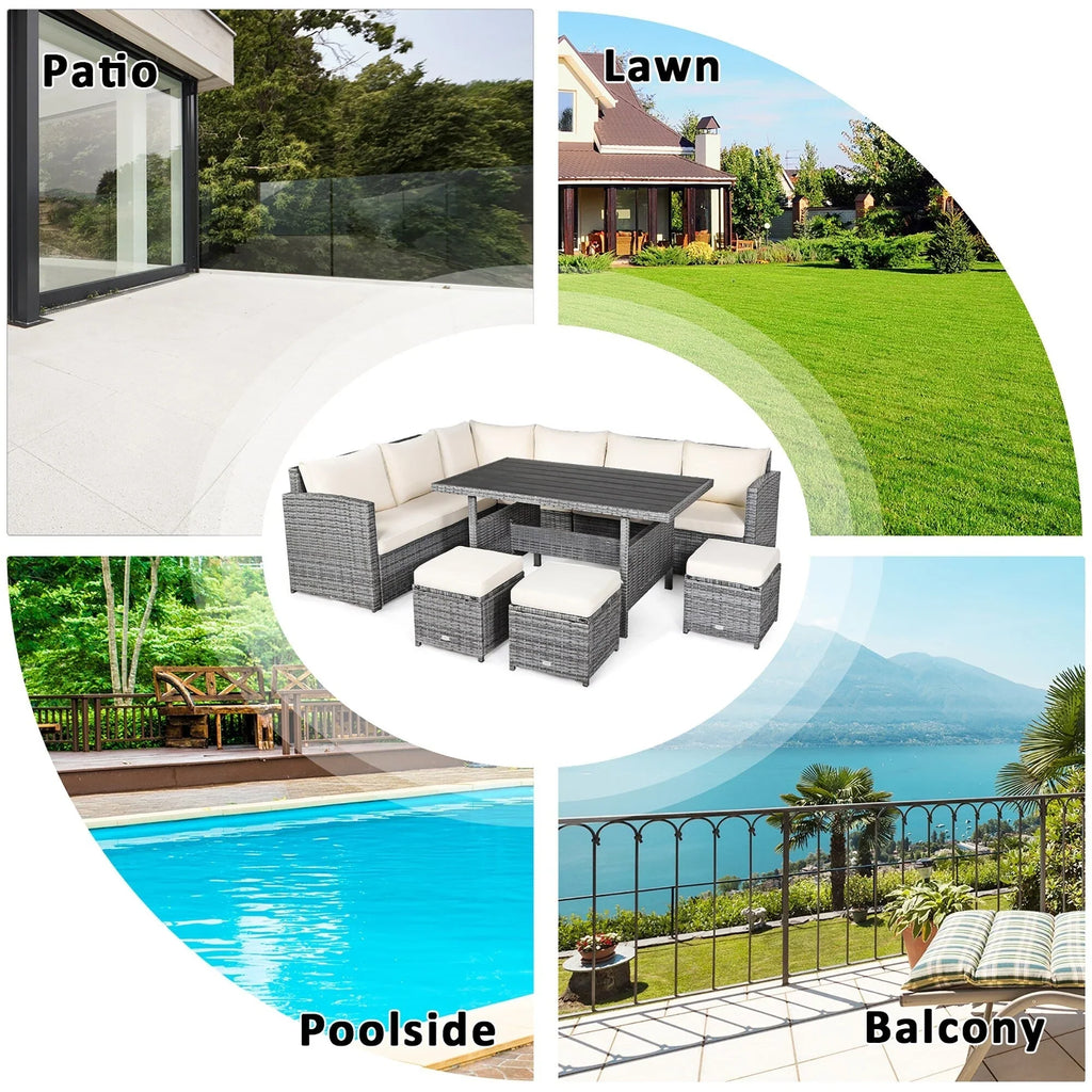 Costway 7-teiliges Dining-Set aus Polyrattan für die Terrasse mit Ecksofa, Couch und Hocker – Details anzeigen