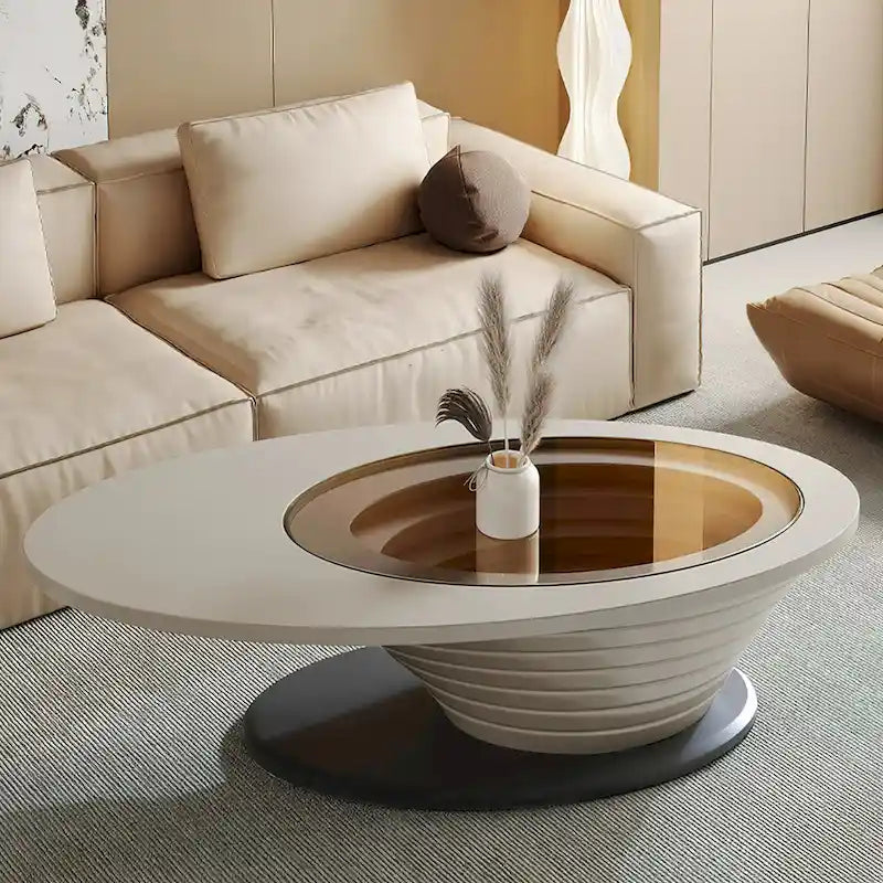 Moderner minimalistischer Couchtisch mit ovaler Glasplatte und hellgrauem Untergestell - L 51.18'W 25.59'H 14.37'