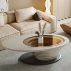 Moderner minimalistischer Couchtisch mit ovaler Glasplatte und hellgrauem Untergestell - L 51.18'W 25.59'H 14.37'