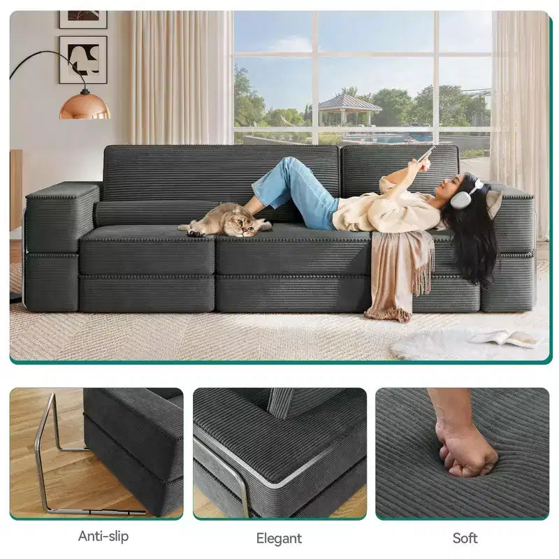Verstellbares Cloud-Ecksofa, bequemes Cord-Ecksofa mit tiefem Sitz und hohen Kissen, einfache Montage