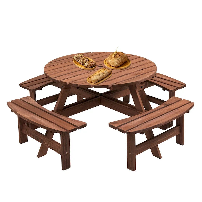 Conjunto de refeições redondo para piqueniques no exterior, em madeira de abeto, para 8 pessoas, com 4 bancos integrados e orifício para guarda-sol