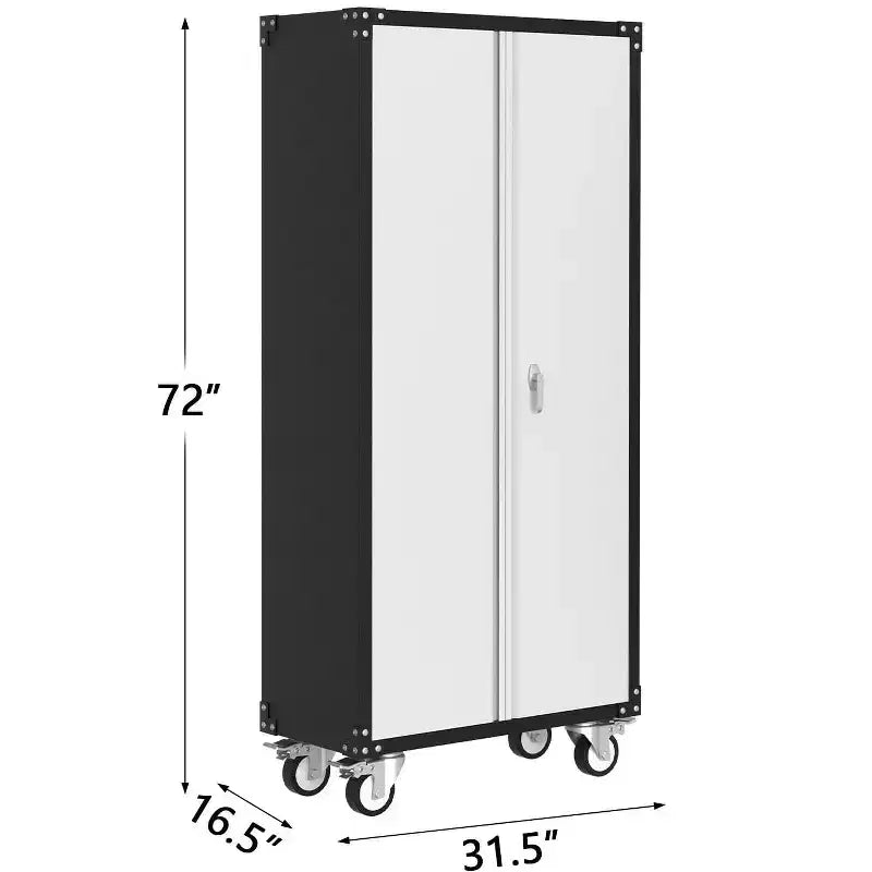 Armoire de rangement de garage à roulettes avec panneau perforé, armoire métallique verrouillable de 72 pouces de hauteur avec 2 portes et 4 étagères réglables pour atelier de garage