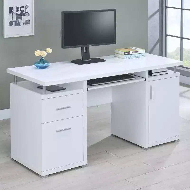 TUYOHW 55 Holzschreibtisch, Computer-Schreibtisch fürs Büro mit 2 Schubladen, 1 Schrank, 1 offenem Fach, 1 Tür, Arbeitstisch fürs Homeoffice, Arbeitszimmer und kleine Räume