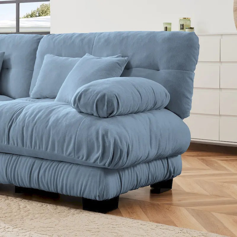 Sofá de dois lugares em forma de L, sofá modular em chenille com almofadas lombares