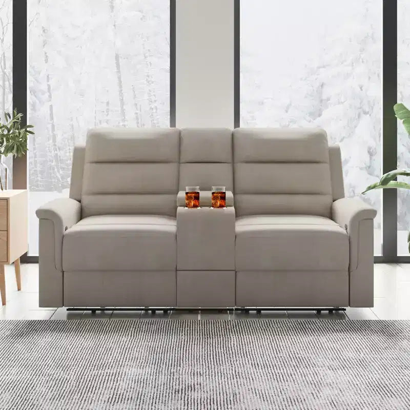 Beige-graues Relaxsofa aus Tech-Gewebe, 2-Sitzer, mit verstellbarer Rückenlehne und Fußstütze