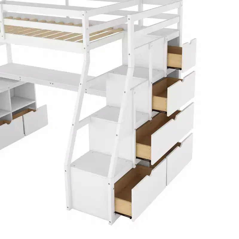 Łóżko piętrowe typu loft w rozmiarze twin z 7 szufladami, 2 półkami, szafką i biurkiem dla dzieci i nastolatków
