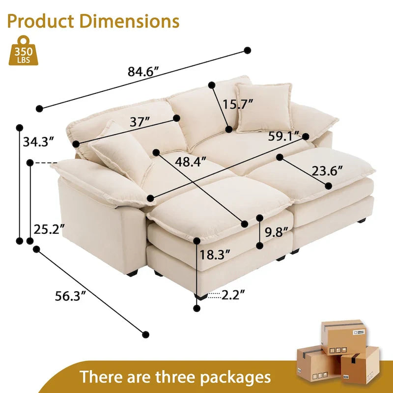 Zweisitzer-Sofa mit 2 Sitzkissen, 2 Kissen und 2 Hockern, bequemes Sofa – tiefes Wohnzimmer-Sofa, modulares Sofa