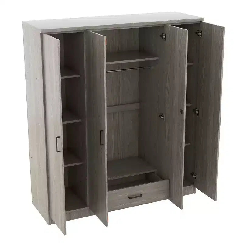Armoire-penderie en bois à 4 portes avec tringle, 1 tiroir et étagères de rangement