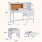 Ensemble bureau et chaise pour enfants, table d’étude en bois avec plateau inclinable réglable, tiroirs et tableau en liège – ensemble bureau d’apprentissage scolaire pour enfants