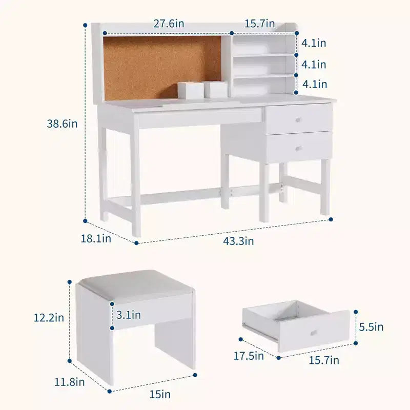 Ensemble bureau et chaise pour enfants, table d’étude en bois avec plateau inclinable réglable, tiroirs et tableau en liège – ensemble bureau d’apprentissage scolaire pour enfants
