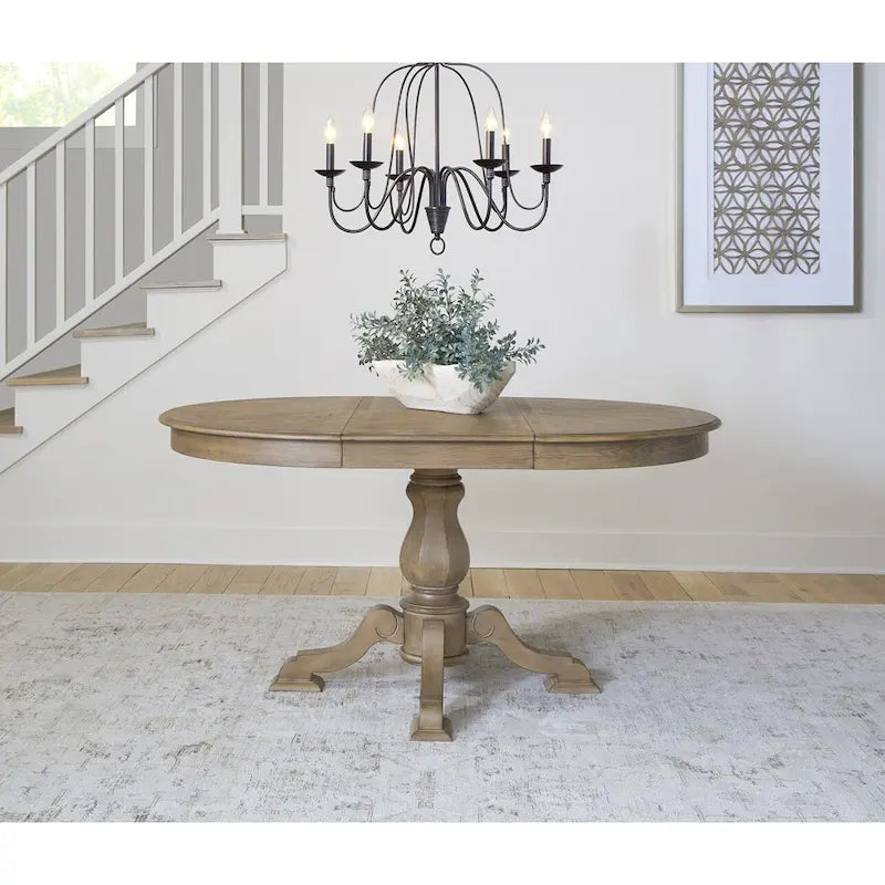 Mesa de jantar redonda com pé central Magnolia Manor e extensões - 2 acabamentos