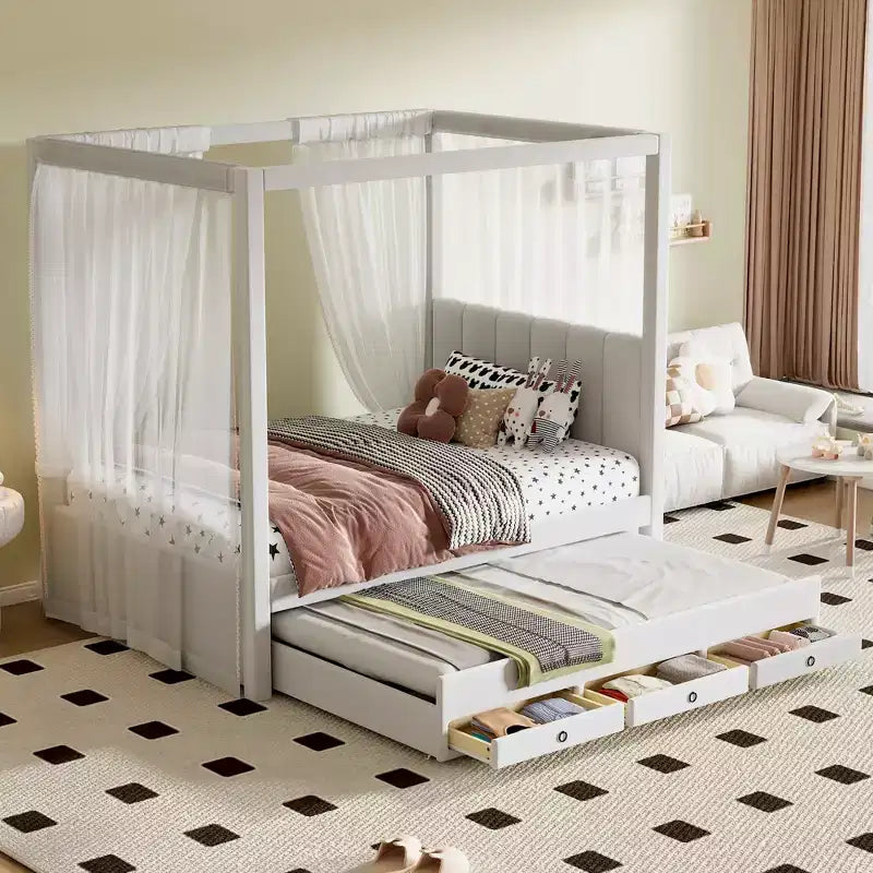 Cama de plataforma com dossel estofada em linho, tamanho de casal, com cama auxiliar e três gavetas de arrumação