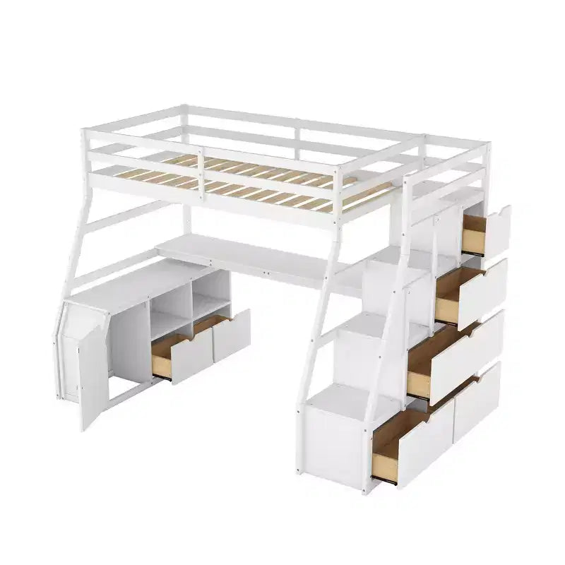 Łóżko piętrowe typu loft w rozmiarze twin z 7 szufladami, 2 półkami, szafką i biurkiem dla dzieci i nastolatków