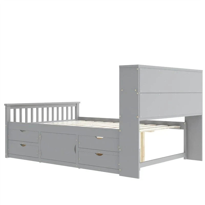 Letto a piattaforma Captain matrimoniale o singolo con 4 cassetti e ripiani contenitori, struttura in legno massello con testiera libreria contenitore