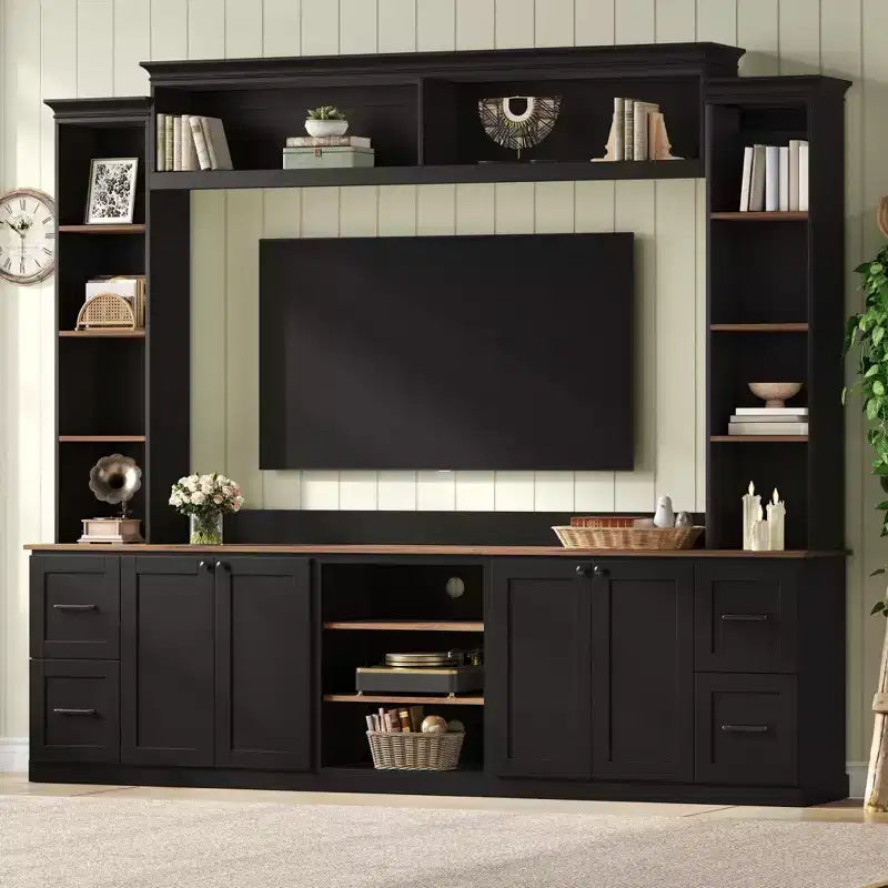 Ensemble mural de centre multimédia de style ferme 4-en-1 ModernLuxe, compatible avec les téléviseurs jusqu'à 70 pouces, meuble TV avec étagères réglables et tiroirs