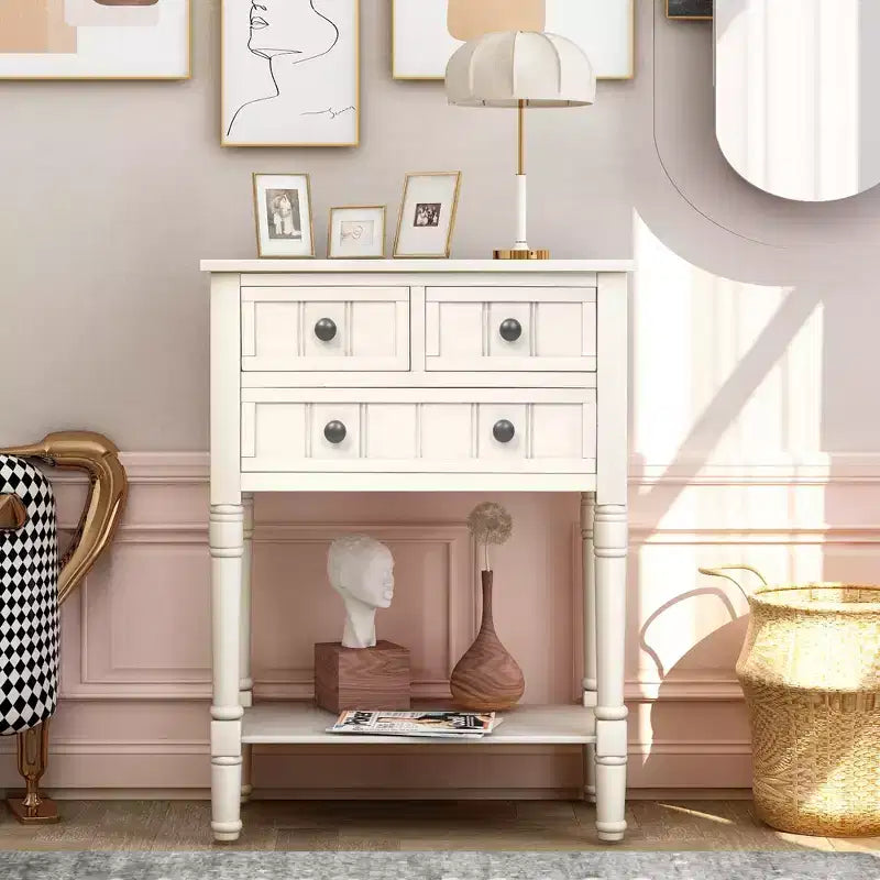 Úzký konzolový stolek široký 23.7in se 3 zásuvkami a policí, rozkládací stolek pro malé předsíně nebo obývací pokoje